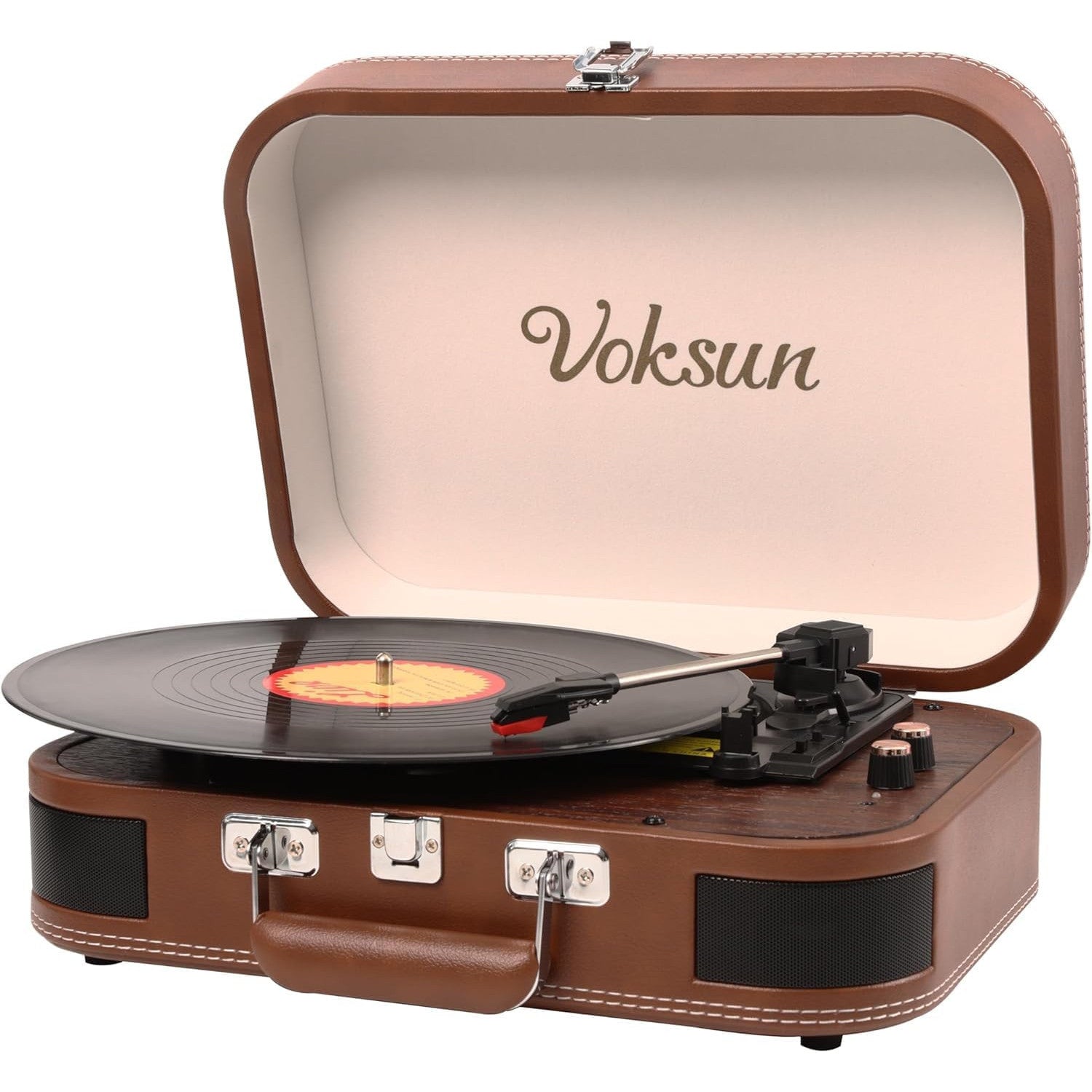 VOKSUN Brown Bluetooth Vinyl Turntable with Built‑in Stereo Speakers