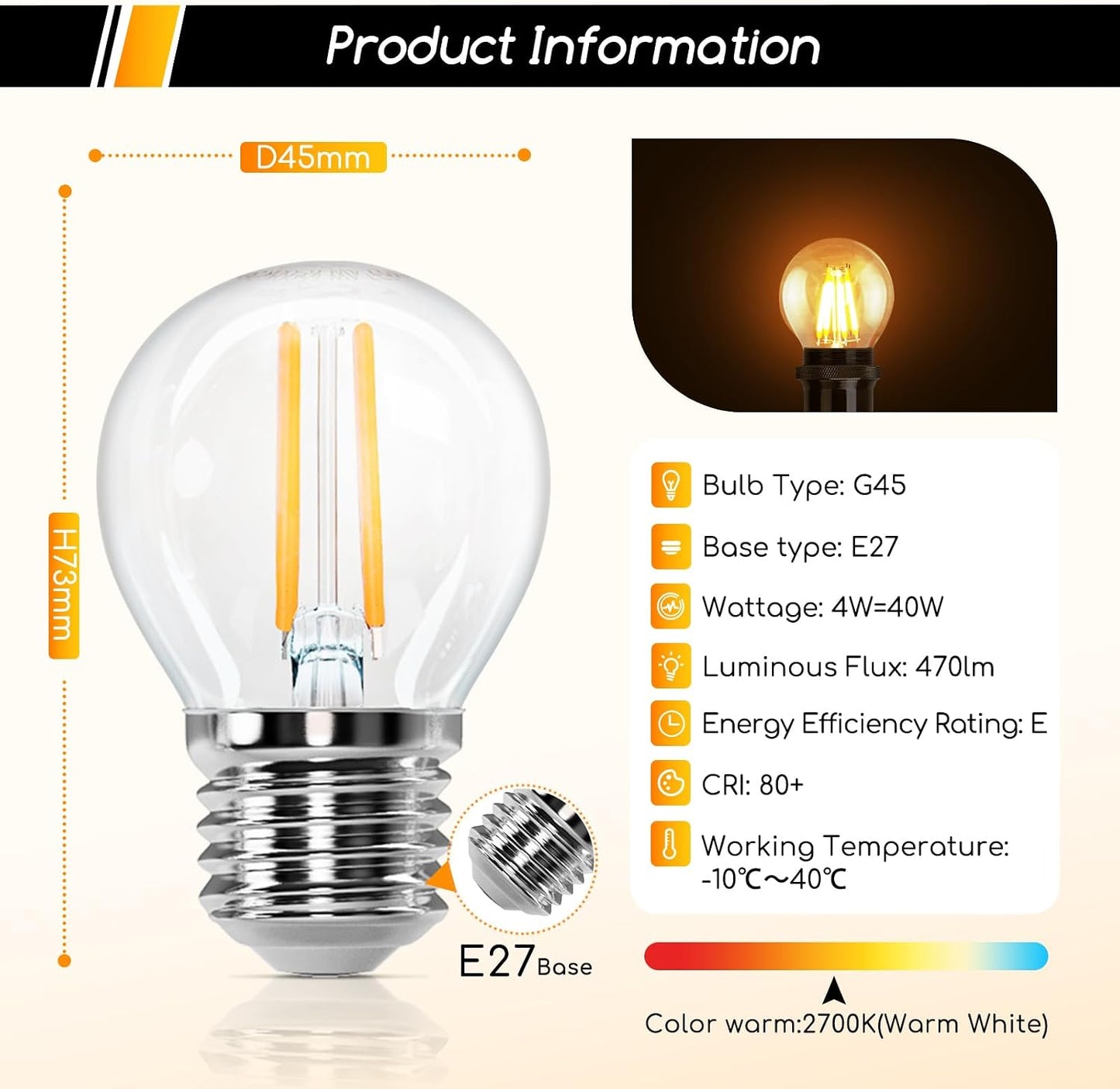 Aigostar Packof 6 E27 LED Filament Bulbs Warm White