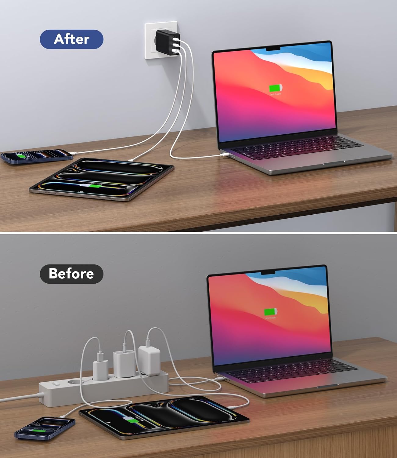 Anykon 65W USB C GaN Charger 3-Port PPS PD Fast Charging Block with 2M Braided Cable Black