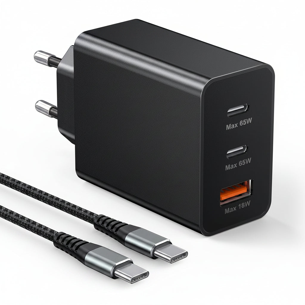 Anykon 65W USB C GaN Charger 3-Port PPS PD Fast Charging Block with 2M Braided Cable Black