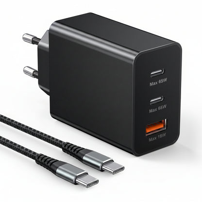 Anykon 65W USB C GaN Charger 3-Port PPS PD Fast Charging Block with 2M Braided Cable Black