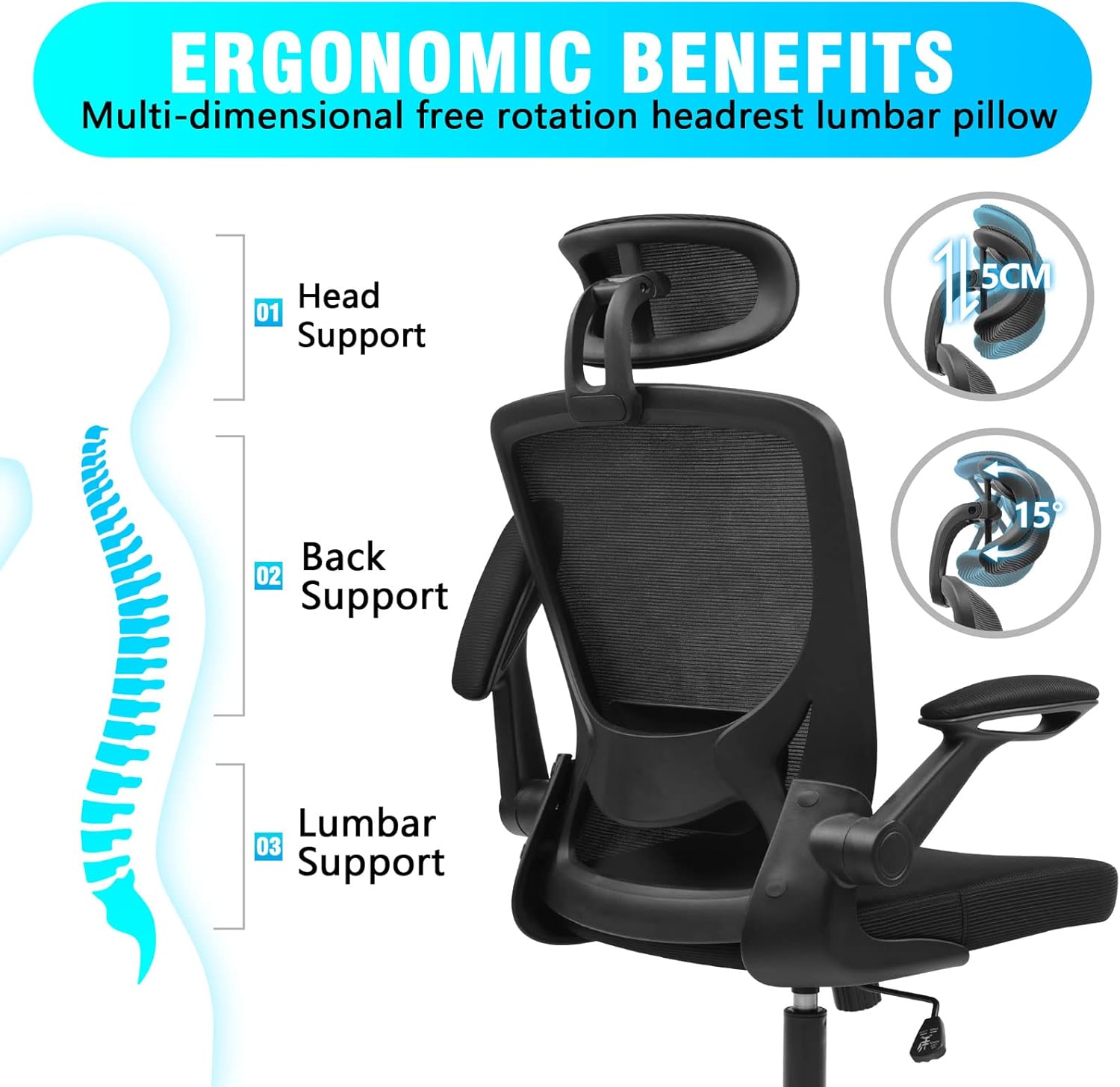 KERDOM Ergonomic Mesh Office Chair with Adjustable Lumbar, Flip‑Up Arms