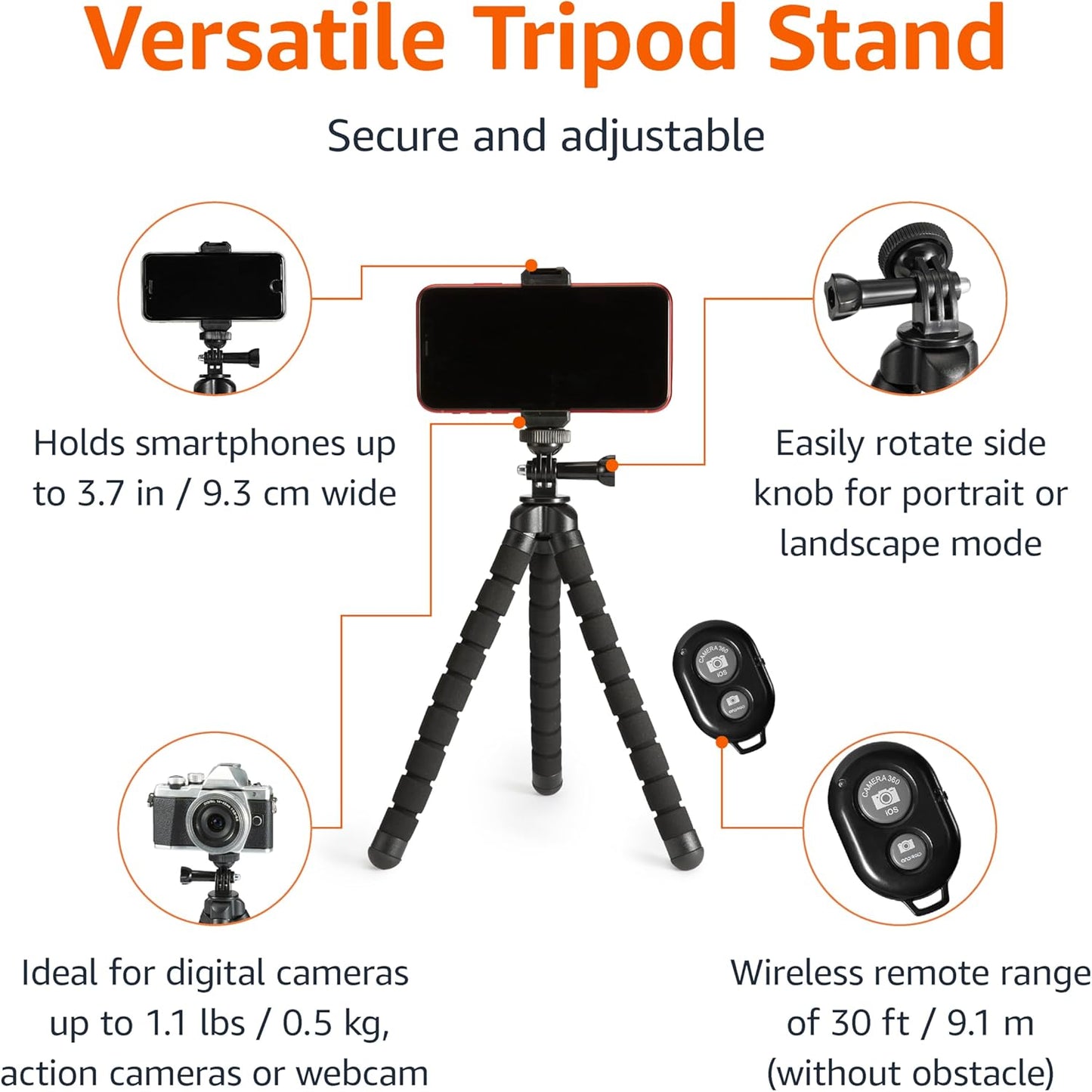 Amazon Basics 10‑Inch Portable Flexible Tripod with Remote
