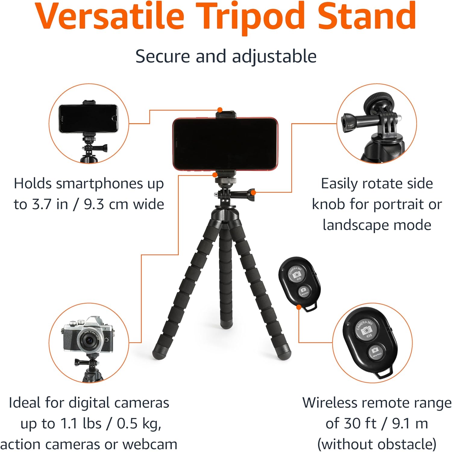 Amazon Basics 10‑Inch Portable Flexible Tripod with Remote