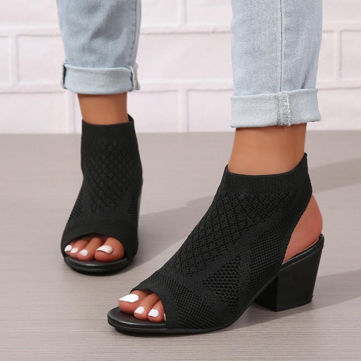 Women's Knit Chunky Block Heel Sandals with Slingback Peep Toe