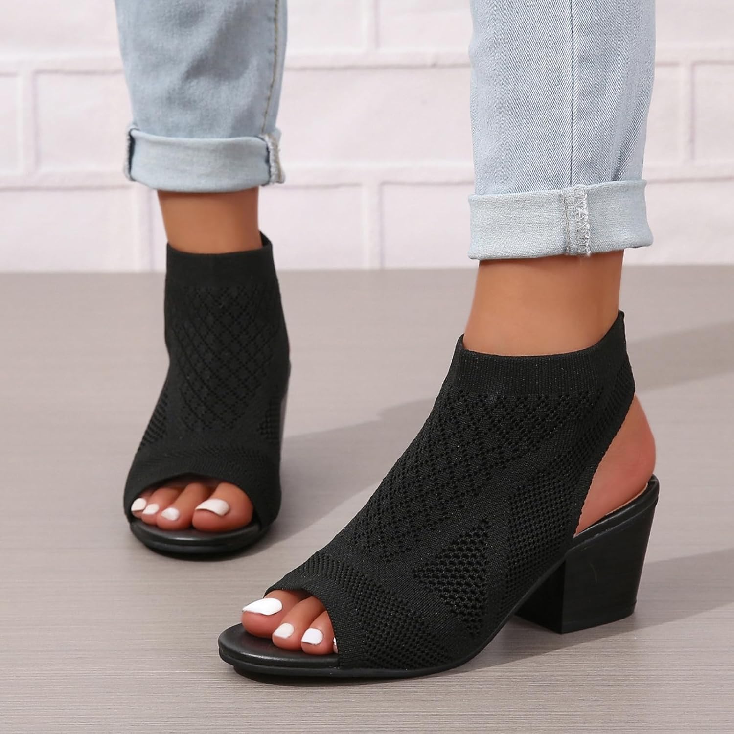 Women's Knit Chunky Block Heel Sandals with Slingback Peep Toe