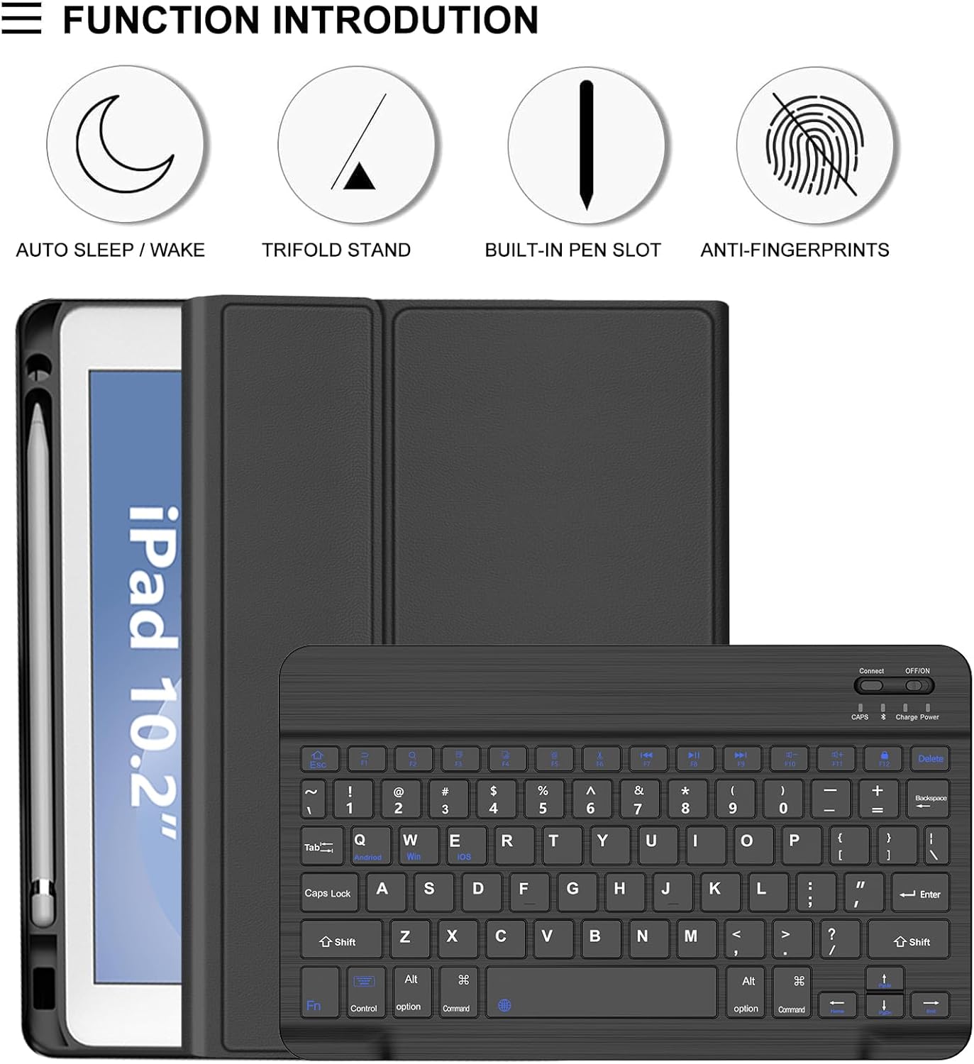 IVEOPPE Detachable Keyboard Case for iPad 10.2‑inch – Black, Lightweight, Backlit