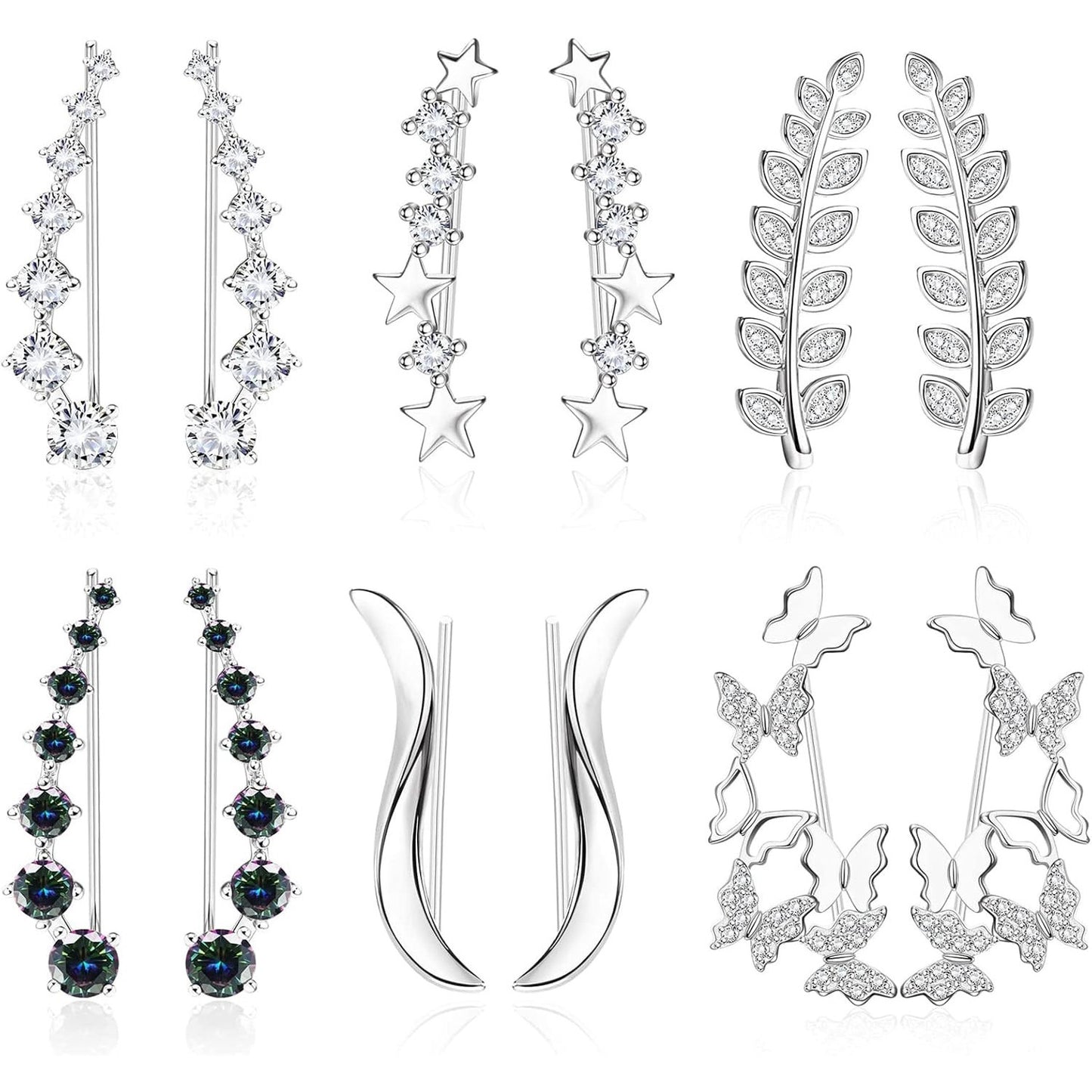 CASSIECA 6 Pairs Leaf Earring Cuff Ear Climber Cubic Zirconia Stud for Women Girls Butterfly Star CZ Ear Vine Wrap Stud Earring