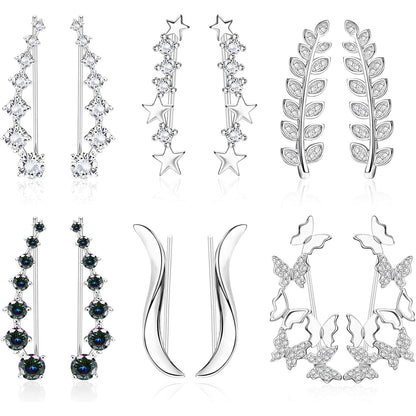 CASSIECA 6 Pairs Leaf Earring Cuff Ear Climber Cubic Zirconia Stud for Women Girls Butterfly Star CZ Ear Vine Wrap Stud Earring