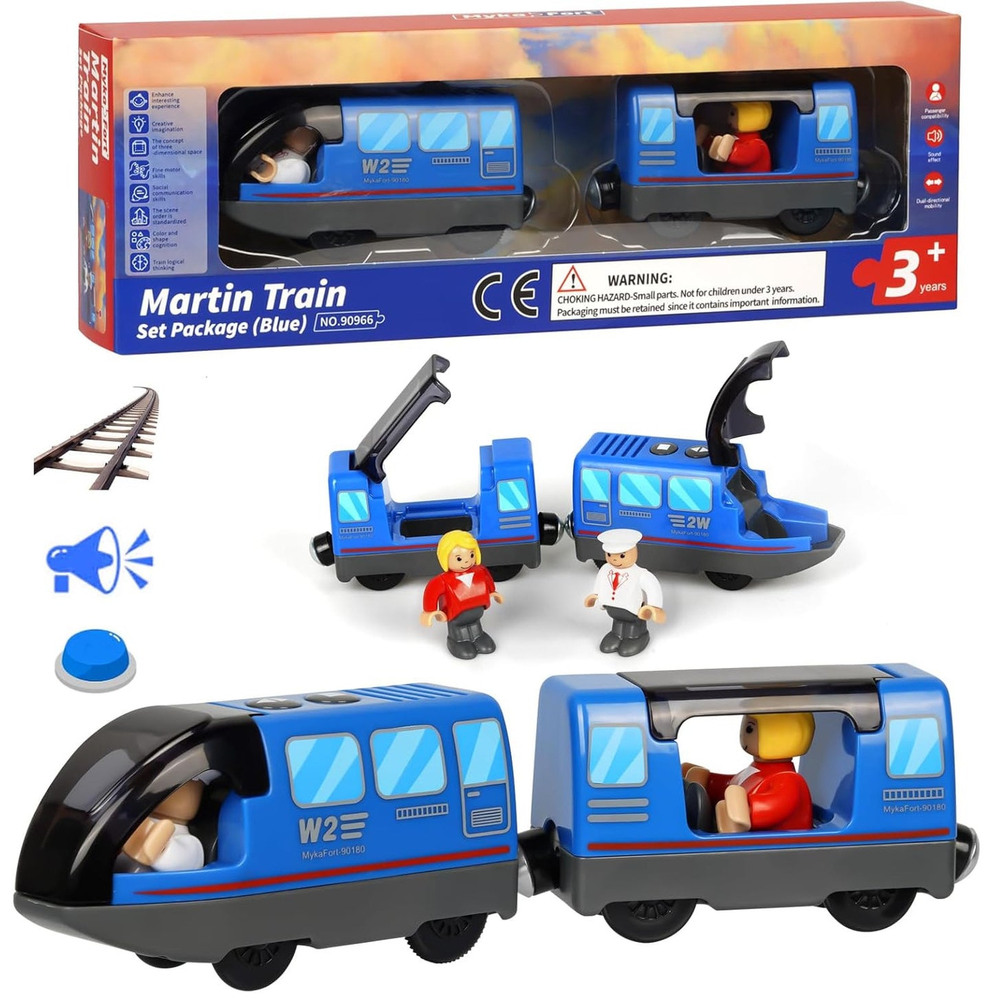 Blue Battery-Powered Electric Train for Wooden Railway Sets
