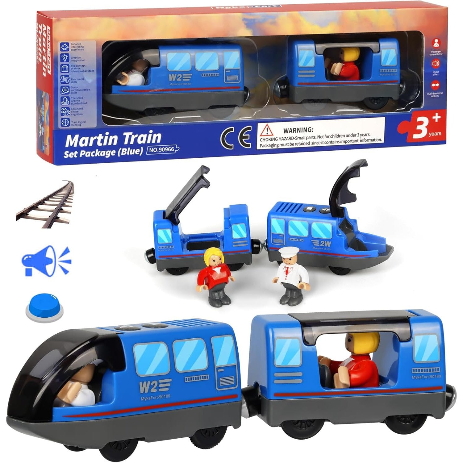 Blue Battery-Powered Electric Train for Wooden Railway Sets