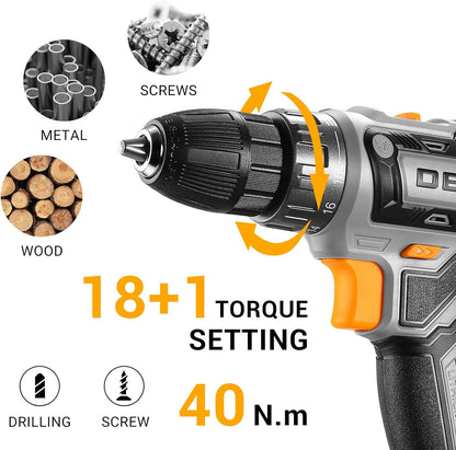 DEKOPRO 20V Cordless Drill with Battery and 10‑Bit Kit