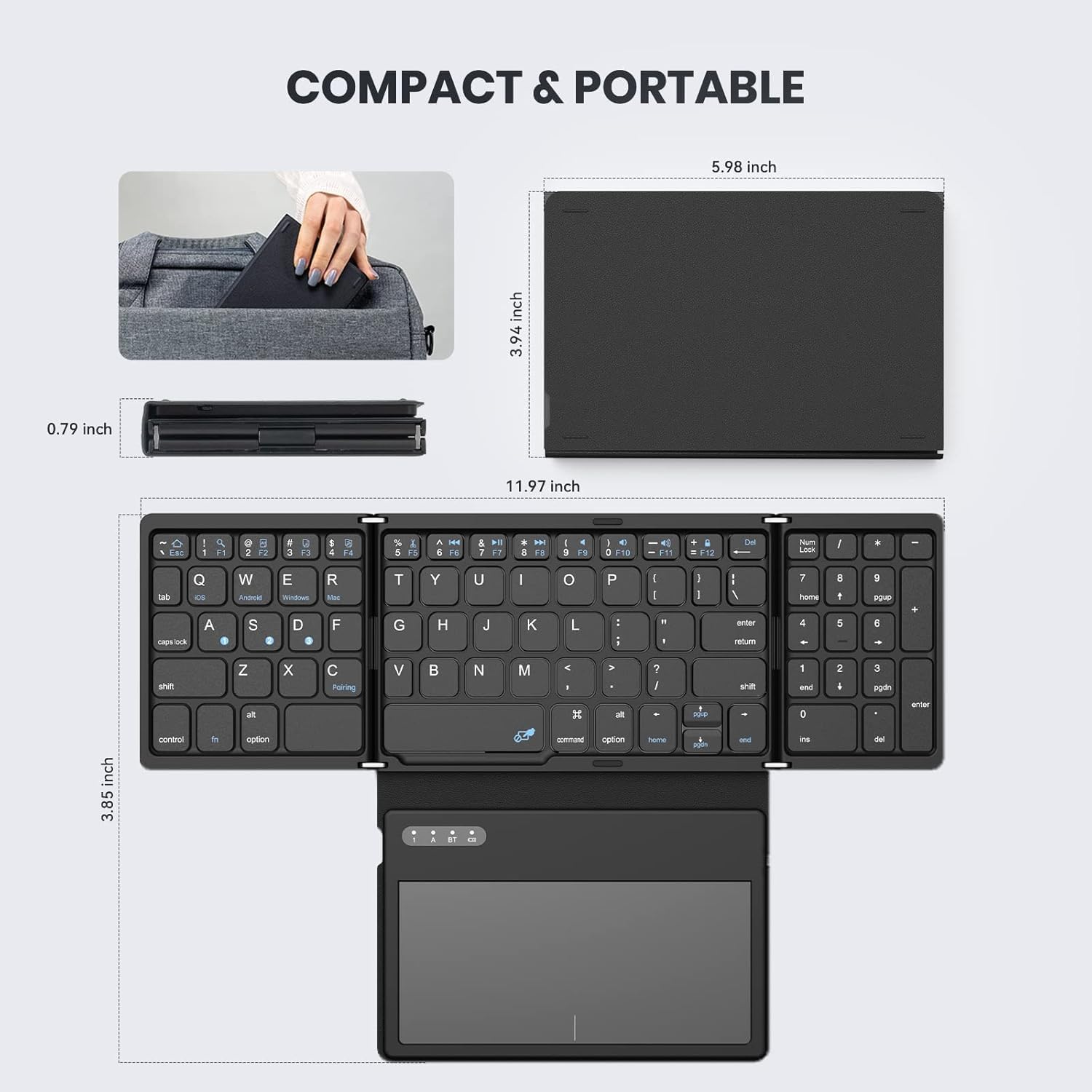 HOUMT Foldable Full-Size Bluetooth Keyboard with Touchpad & Numeric Keypad