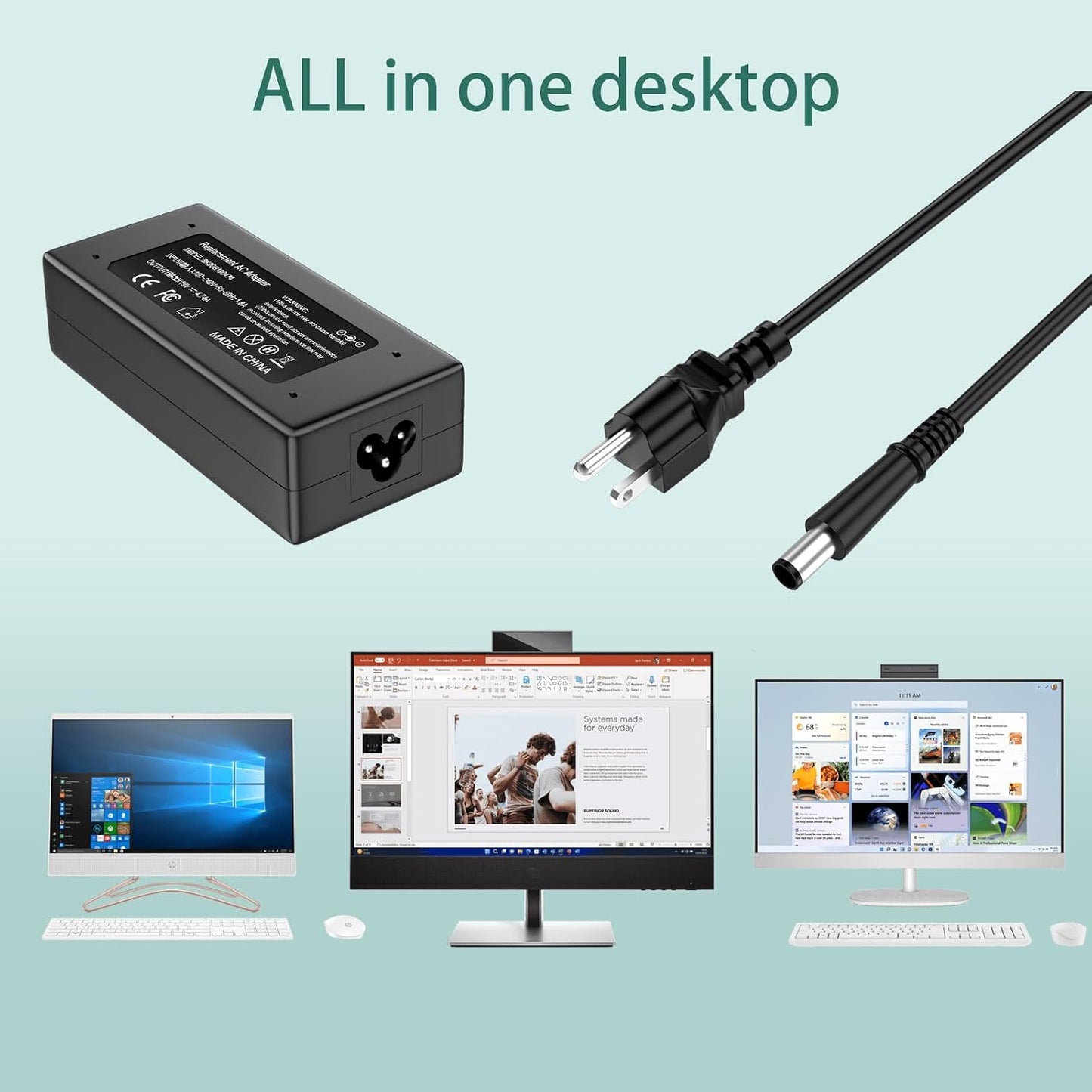 Yenyoh 90W AC Adapter Charger Replacement for HP All-in-One Desktop 18" 19" 20" 21" 22" 23" 24" Laptop Probook 4530S 4540S 4535S 4525S 4545S 6450B 6460B 6465B 6470B Elitebook 8470P 8460P 8440P Power Cord
