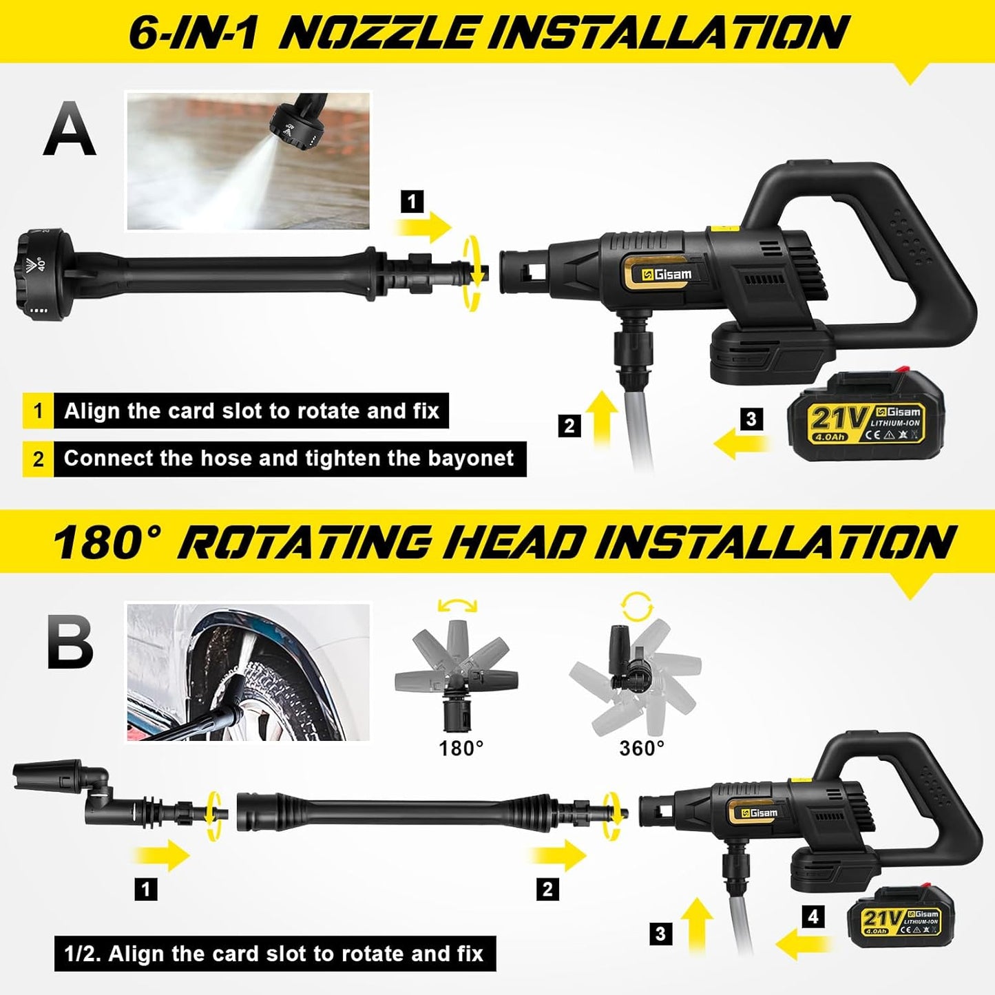 Gisam Battery-Powered Pressure Washer with 2 x 4.0Ah Batteries, 3‑Speed, 65 Bar, 6‑in‑1 Nozzle, 5 m Hose