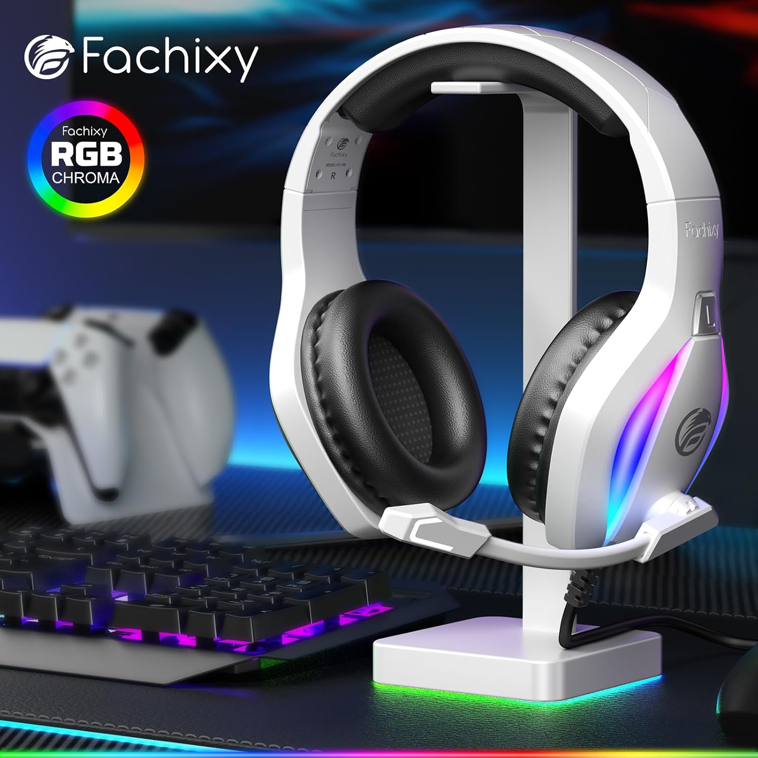 Fachixy FC100 Wired Over-Ear Gaming Headset with Microphone RGB Light White Black