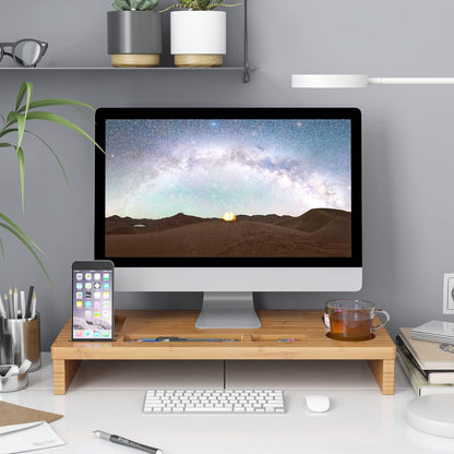 RUIYAN Bamboo Monitor Stand 60 x 30 x 8.5 cm with 7 Storage Compartments Ergonomic Desktop Riser