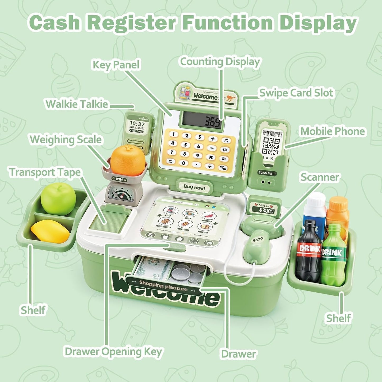 AquaFalcon Kids Pretend Cash Register Playset with Scanner and Money