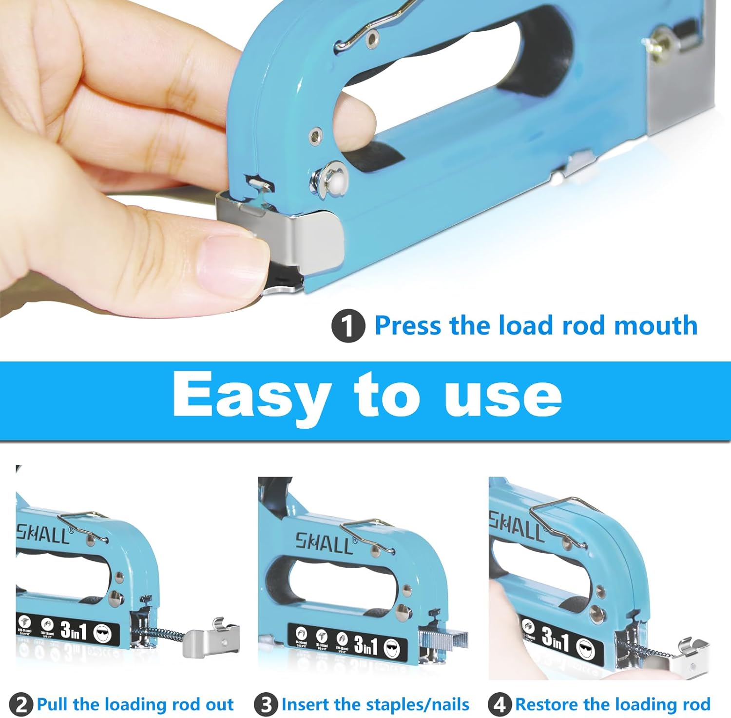 Shall 3-in-1 Adjustable Wooden Hand Stapler with 3000 Clips Blue