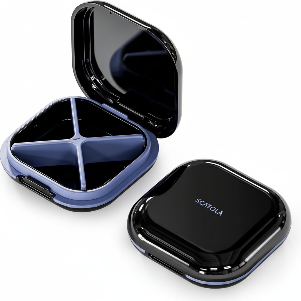 ONTERATE 4-Compartment Portable Black Pill Organizer for Travel