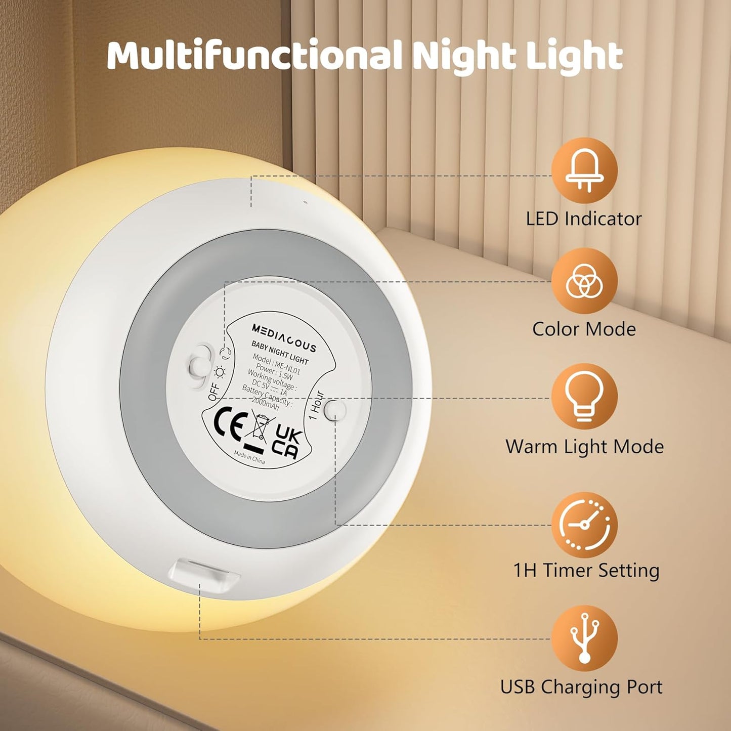 MediAcous Egg Night Light – 7‑Color Dimmable Touch Nursery Lamp