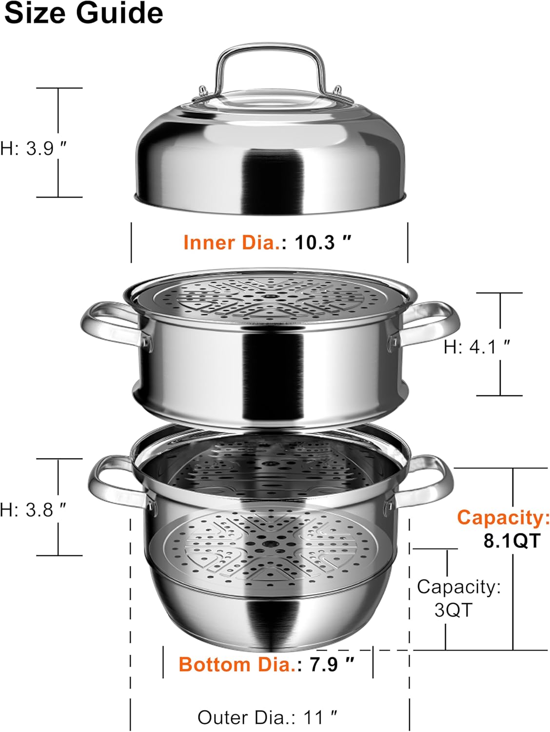 VENTION 3 Tier Stainless Steel Steamer Pot 11 Inch
