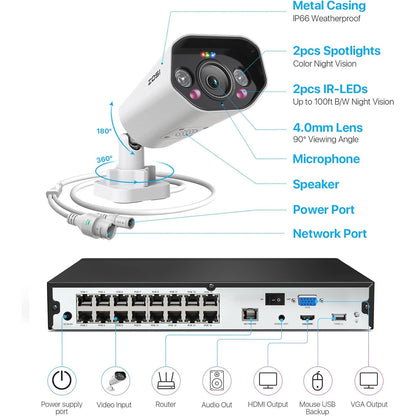 ZOSI 16-Channel 4K PoE Security Camera Kit with Two-Way Audio