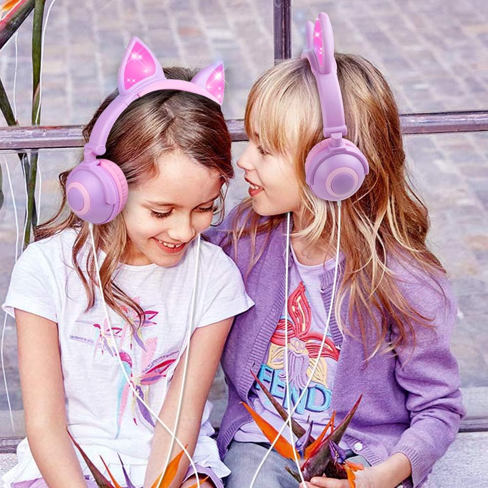 Esonstyle Kids Cat Ear Headphones Wired Over-Ear 85dB Volume Limited Food-Grade Silicone 3.5mm Jack Pink