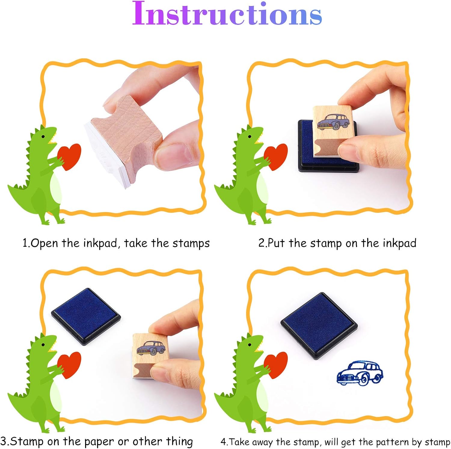 HOWAF 16-Piece Wooden Dinosaur Stamp Set with 4 Ink Pads for Kids