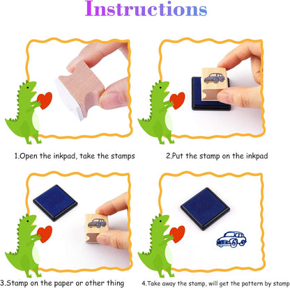 HOWAF 16-Piece Wooden Dinosaur Stamp Set with 4 Ink Pads for Kids