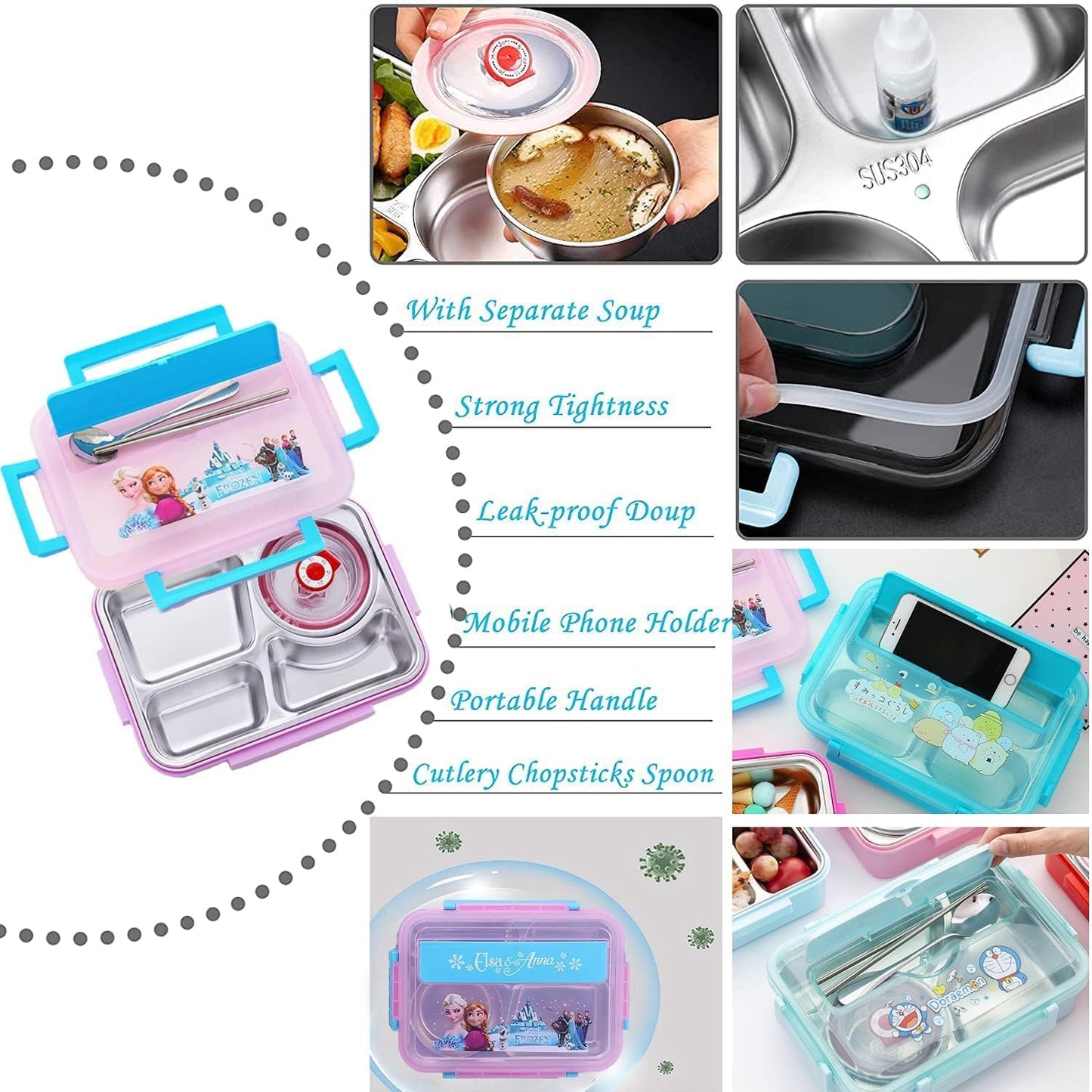 Unicorn Kids Bento Lunch Box with Tableware, 4-Compartment Insulated Stainless Steel