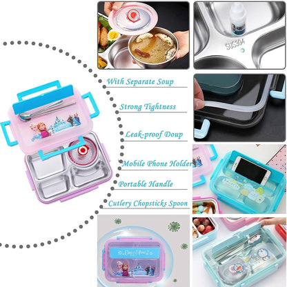 Unicorn Kids Bento Lunch Box with Tableware, 4-Compartment Insulated Stainless Steel