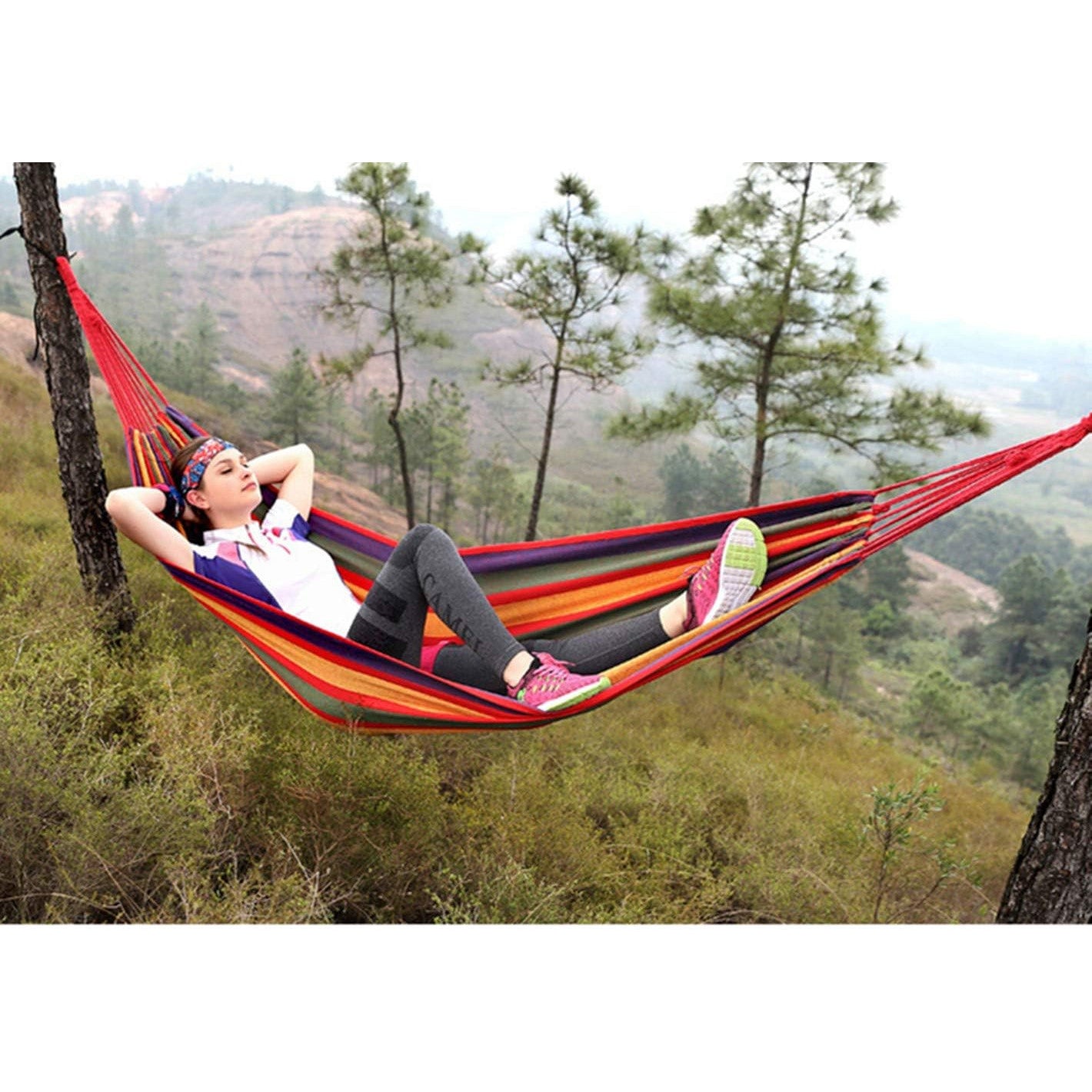 Red Canvas Outdoor Double Hammock – Portable 2‑Person Swing