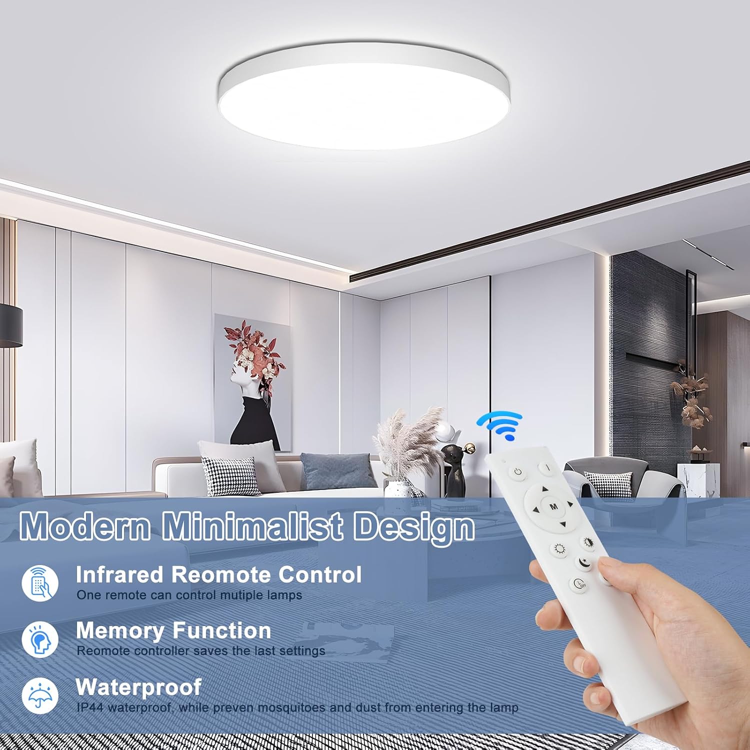 OUILA Dimmable LED Ceiling Light 24W with Remote Control 3000K-6500K IP44 Waterproof Ø28cm 2000LM Modern Ceiling Lamp for Bedroom Kitchen Living Room