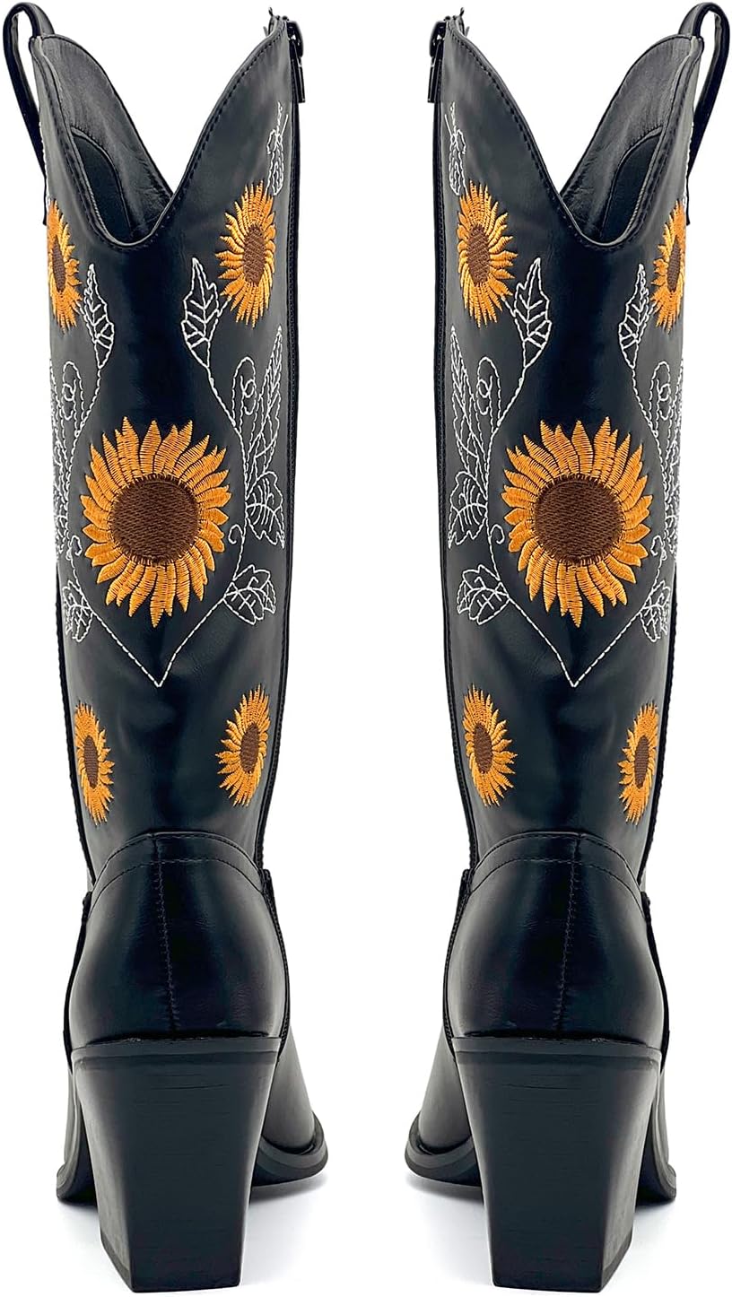 Women's Mid-Calf Western Cowboy Boots with Sunflower Embroidery Pointed Toe Chunky Heel