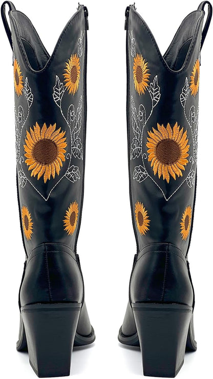 Women's Mid-Calf Western Cowboy Boots with Sunflower Embroidery Pointed Toe Chunky Heel