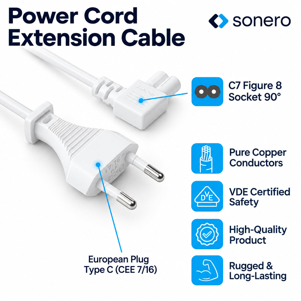 Sonero Euro Plug to 90° IEC C7 Power Cable 1.5m White