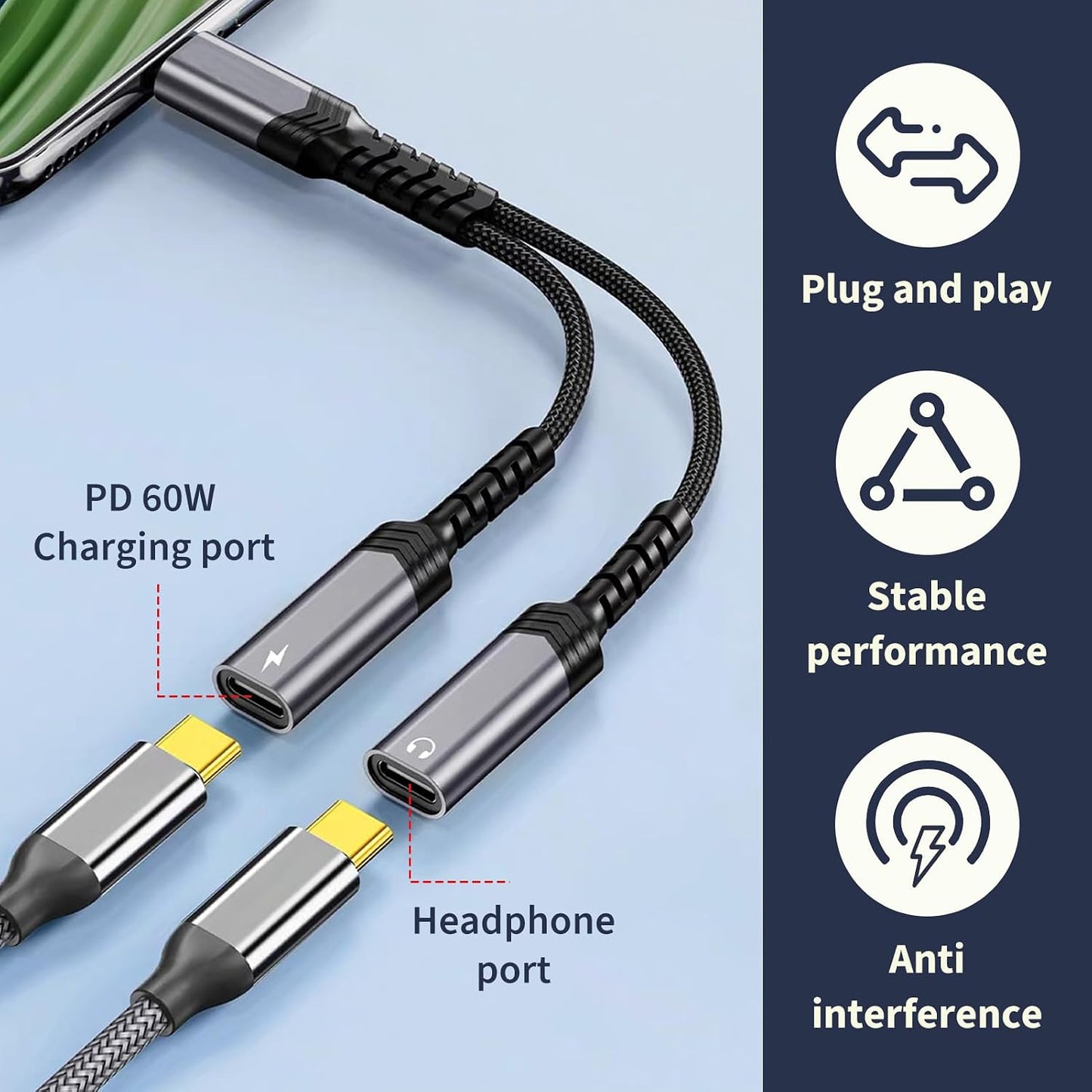 Kmuqshy USB C Splitter 1 to 2 60W Fast Charging and Headphone Adapter for iPhone 16 15 Samsung Galaxy Google Pixel