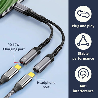 Kmuqshy USB C Splitter 1 to 2 60W Fast Charging and Headphone Adapter for iPhone 16 15 Samsung Galaxy Google Pixel