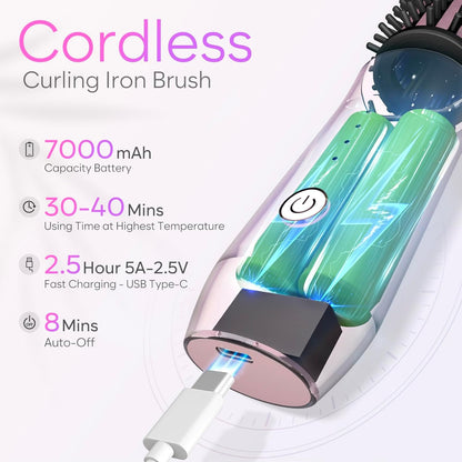 iTayga Cordless Portable Curling Iron Brush with 7000mAh Battery, Pink