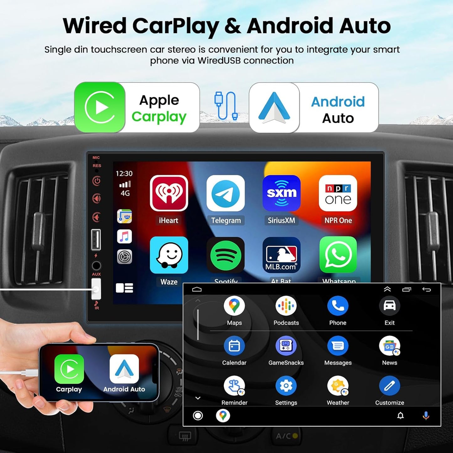 Hikity 7‑Inch 1‑DIN CarPlay Android Bluetooth Touch Radio with Camera