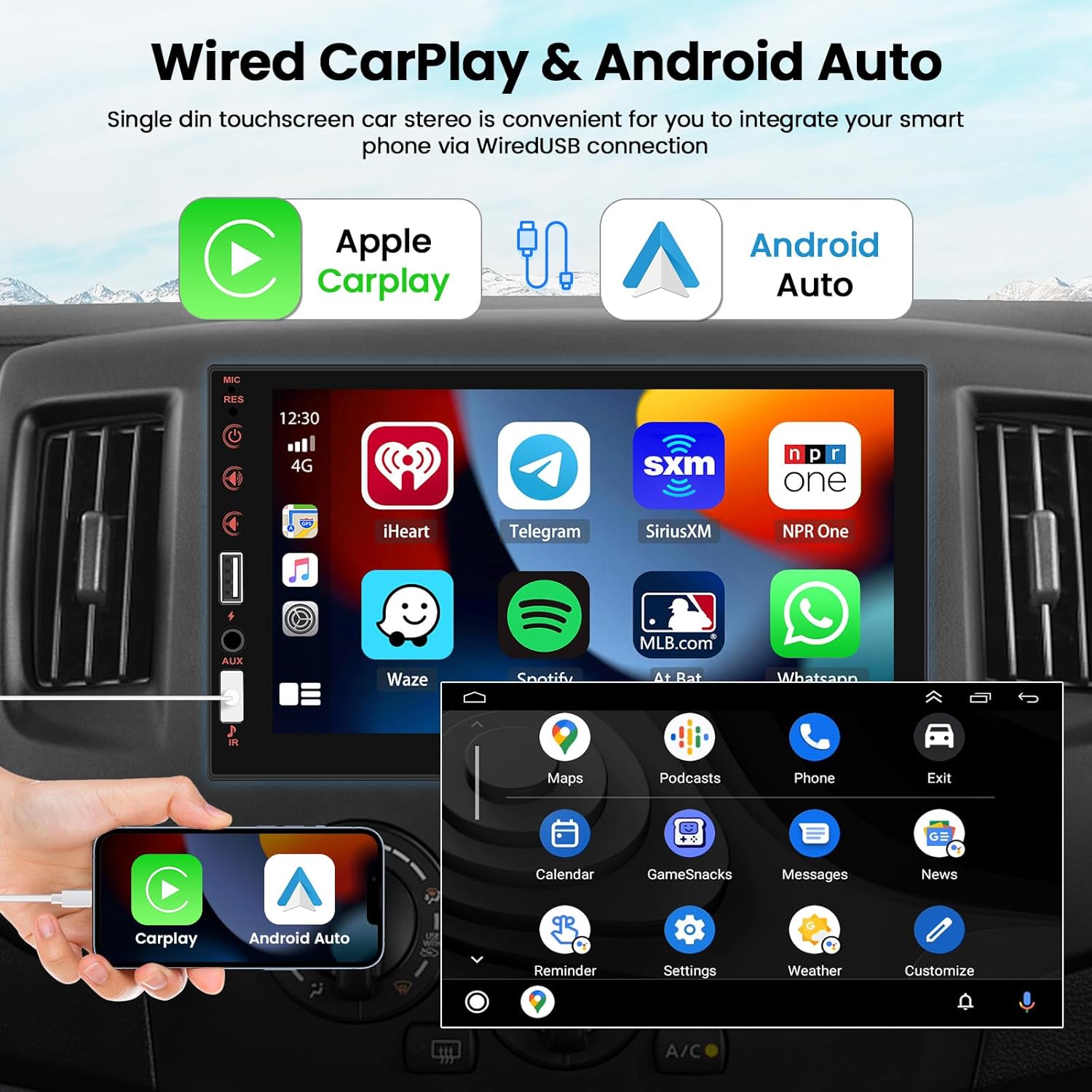 Hikity 7‑Inch 1‑DIN CarPlay Android Bluetooth Touch Radio with Camera