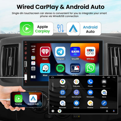 Hikity 7‑Inch 1‑DIN CarPlay Android Bluetooth Touch Radio with Camera