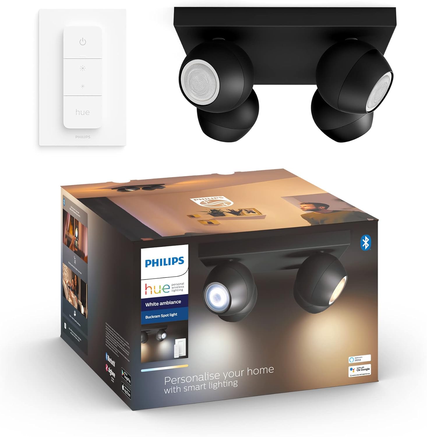 Philips Hue 4-Spot White Ambiance Smart LED Kit, Dimmable, App Control
