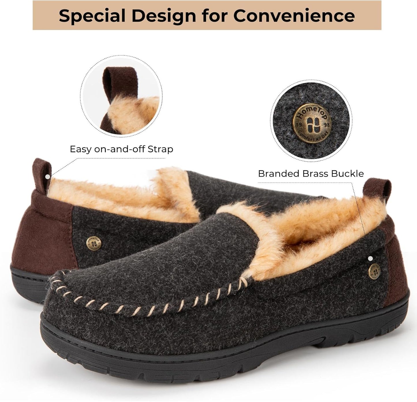 HomeTop Men's Memory Foam Moccasin Slippers – Warm Fuzzy Indoor/Outdoor Footwear