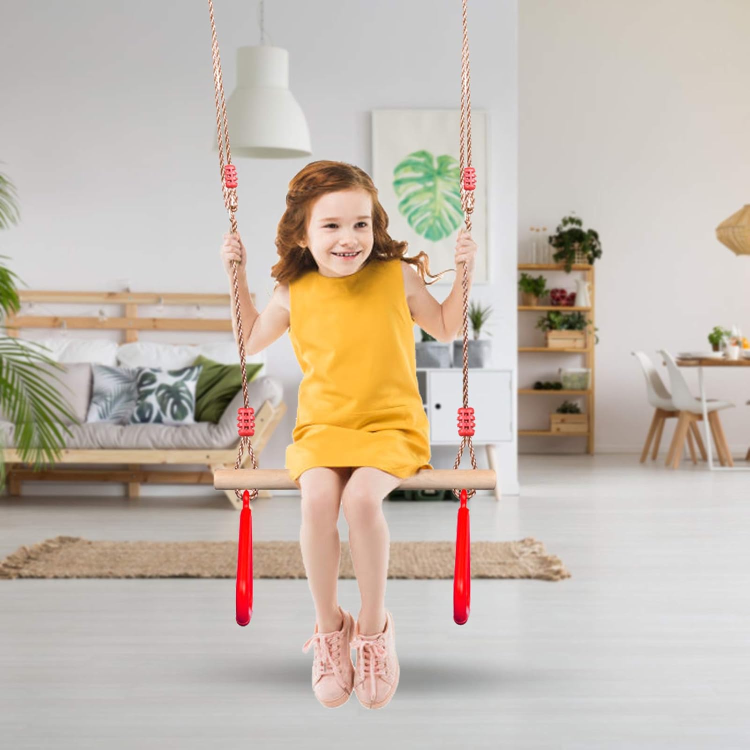 Durable Red Wooden Trapeze Swing with Adjustable Rope Rings
