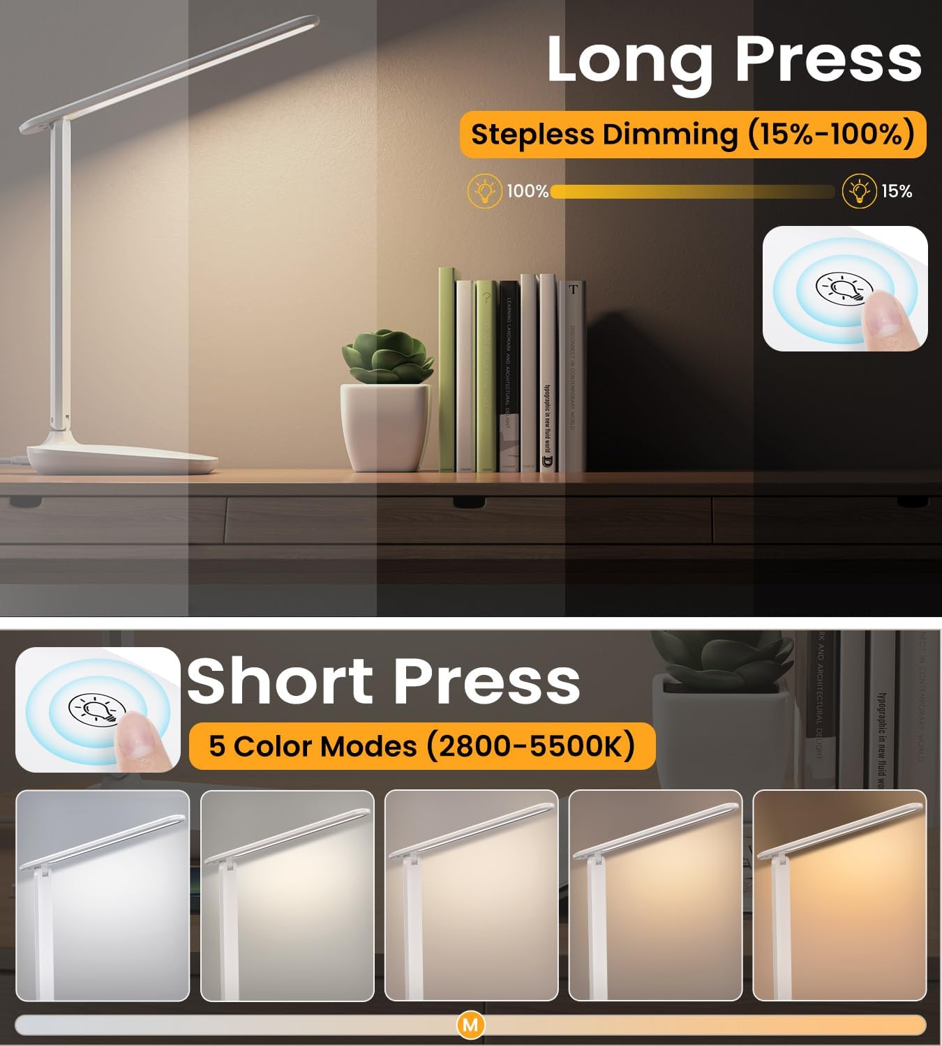 BSRANE ADL-001 LED Desk Lamp Eye-Caring 700 Lumen 5 Colour Modes USB Charging Port White