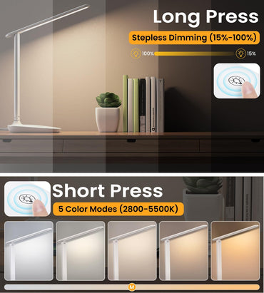 BSRANE ADL-001 LED Desk Lamp Eye-Caring 700 Lumen 5 Colour Modes USB Charging Port White