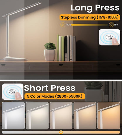BSRANE ADL-001 LED Desk Lamp Eye-Caring 700 Lumen 5 Colour Modes USB Charging Port White