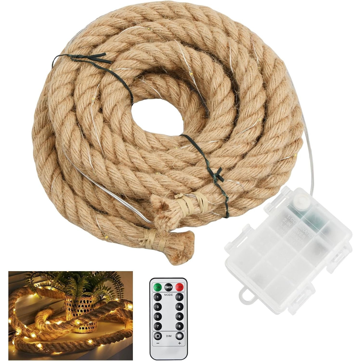 Litinliv 3m LED Hemp Rope Fairy Lights, 60 LEDs Remote